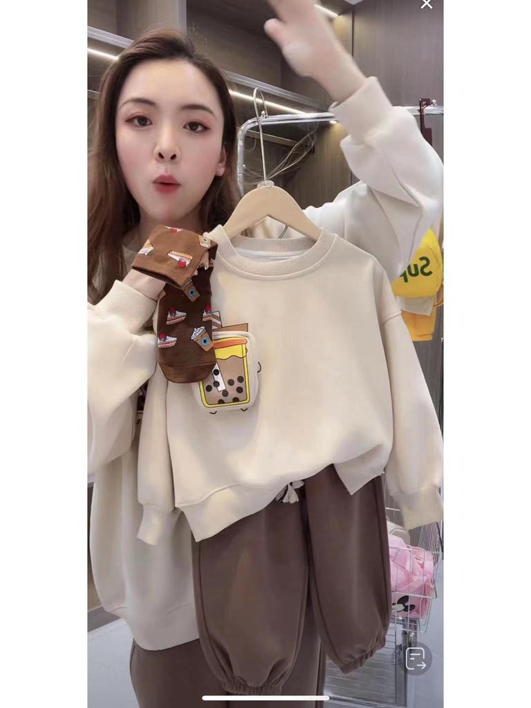 3D Milk Tea Print Family Sweatshirt Set for Fall/Winter: Matching Parent-Child Outfits for Mom-Daughter and Mom-Son