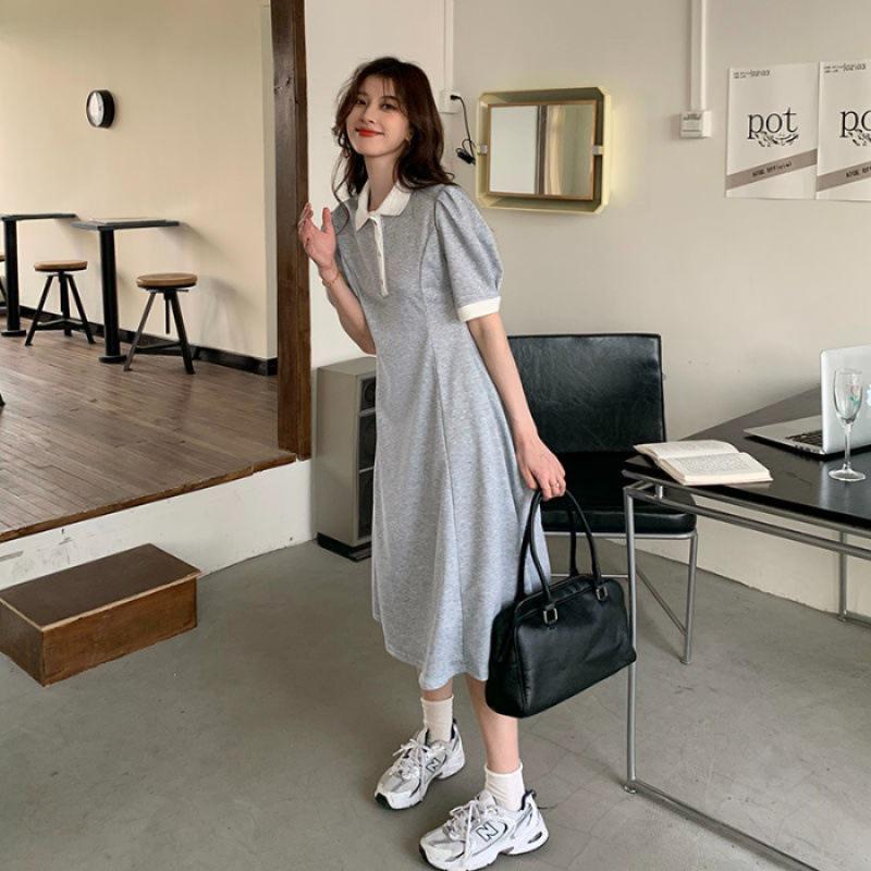 

Women s Summer A-Line Midi Dress with Puff Sleeves and POLO Collar 2XL серый