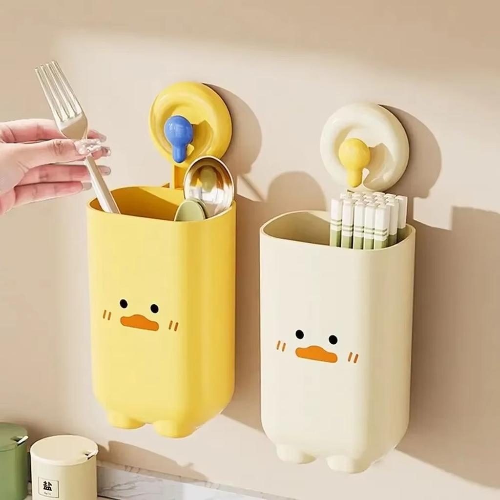 Kitchen Cartoon Suction Cup Chopsticks Holder Wall Mounted Spoon Storage Box No Drilling Required Easy Installation Durable Material