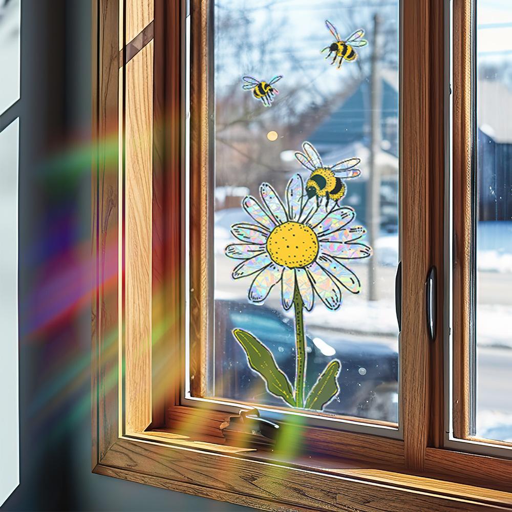 Cartoon Little Bee Daisy Balcony Home Decoration Glass Doors and Windows Static Window Stickers