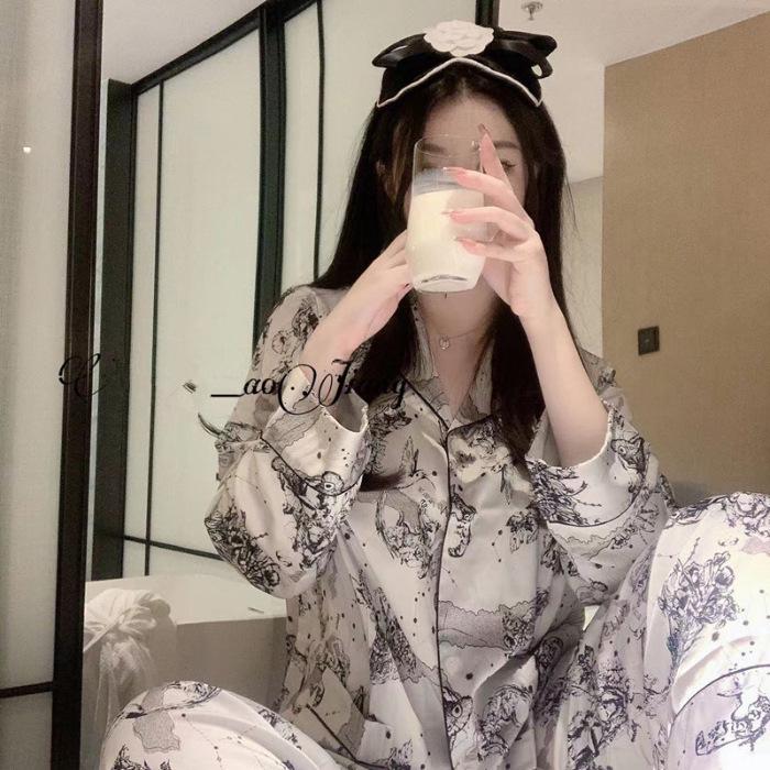 Women's Floral Silk Pajamas - Long-Sleeved, Thin & Stylish Korean Homewear for Spring/Autumn