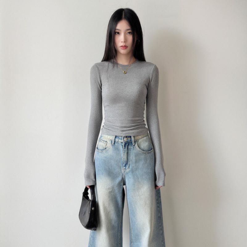 

Women s Slim-fit Waist-cinching Long Sleeve Base Layer Top, Round Neck, Spicy Girl Style, Winter 2025 L (105-115 cm)