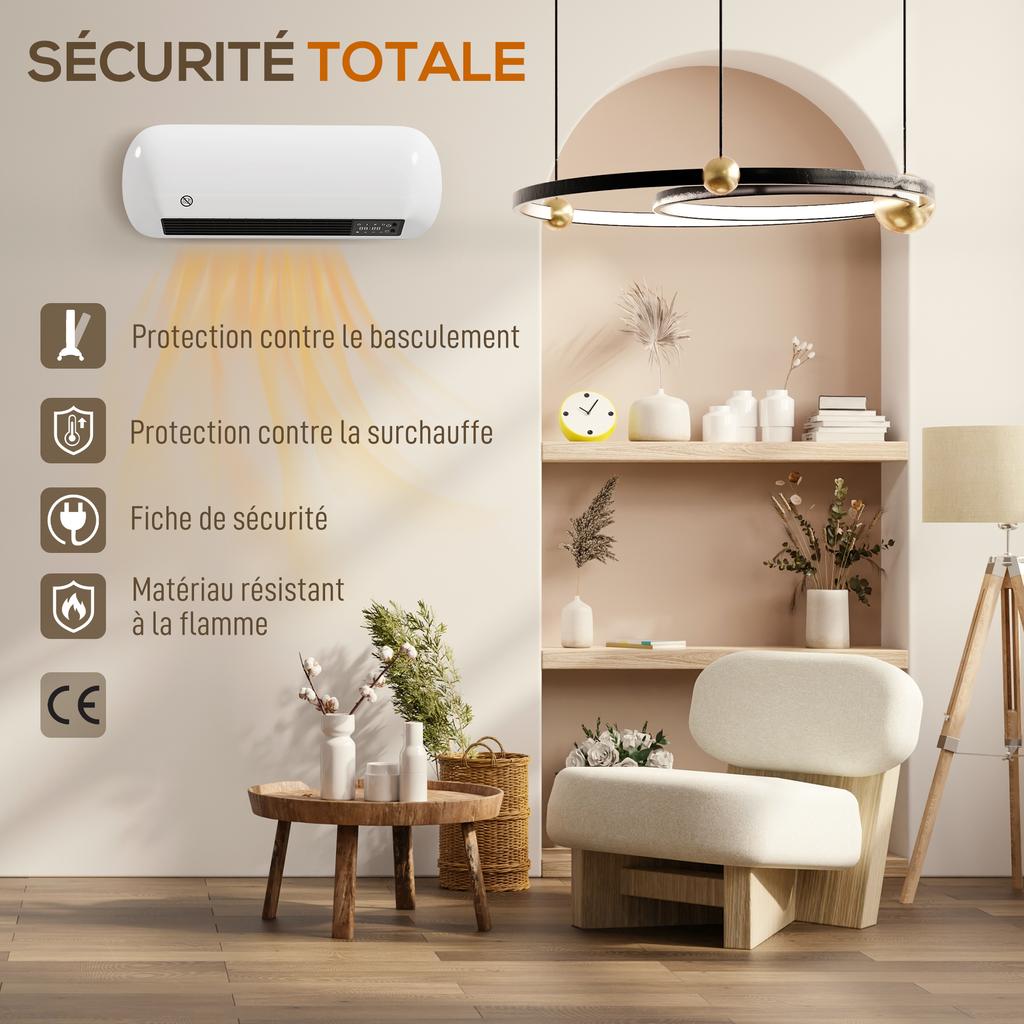 Ceramic wall heater 1000/2000W, electric radiator, fan, thermostat, timer, 50x19x14cm, white