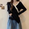 Women Lace Trim V‑Neck Long Sleeve Top Irregular Hem Slim Fit Blouse