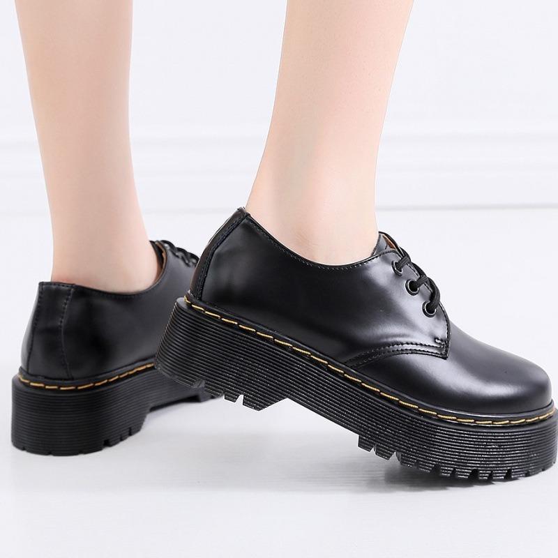 Yang Mi Thick Bottom Hole Uad Women's Boots Low Top Leather British Round Head Student Muffin