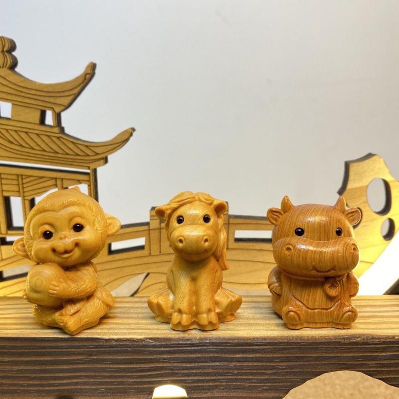 Chinese Zodiac Wood Carving: Radish Rabbit Pendant & Desktop Ornament