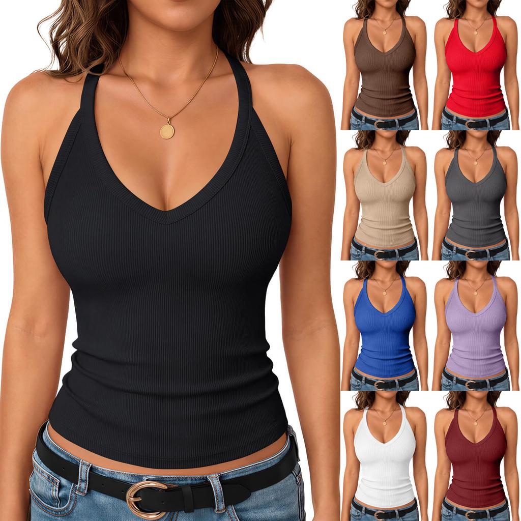 Women's Fashionable Minimalist Slim-Fit V-Neck Sleeveless Ribbed Top