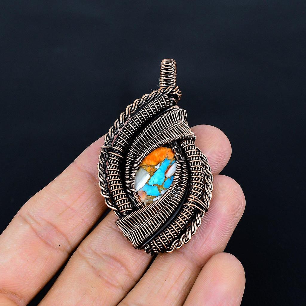 Orange Spiny Oyster Pendant, 999 Copper Wire Wrap Silver Gemstone Jewelry, Handmade Pendant Amazing Jewelry, Gift For Her