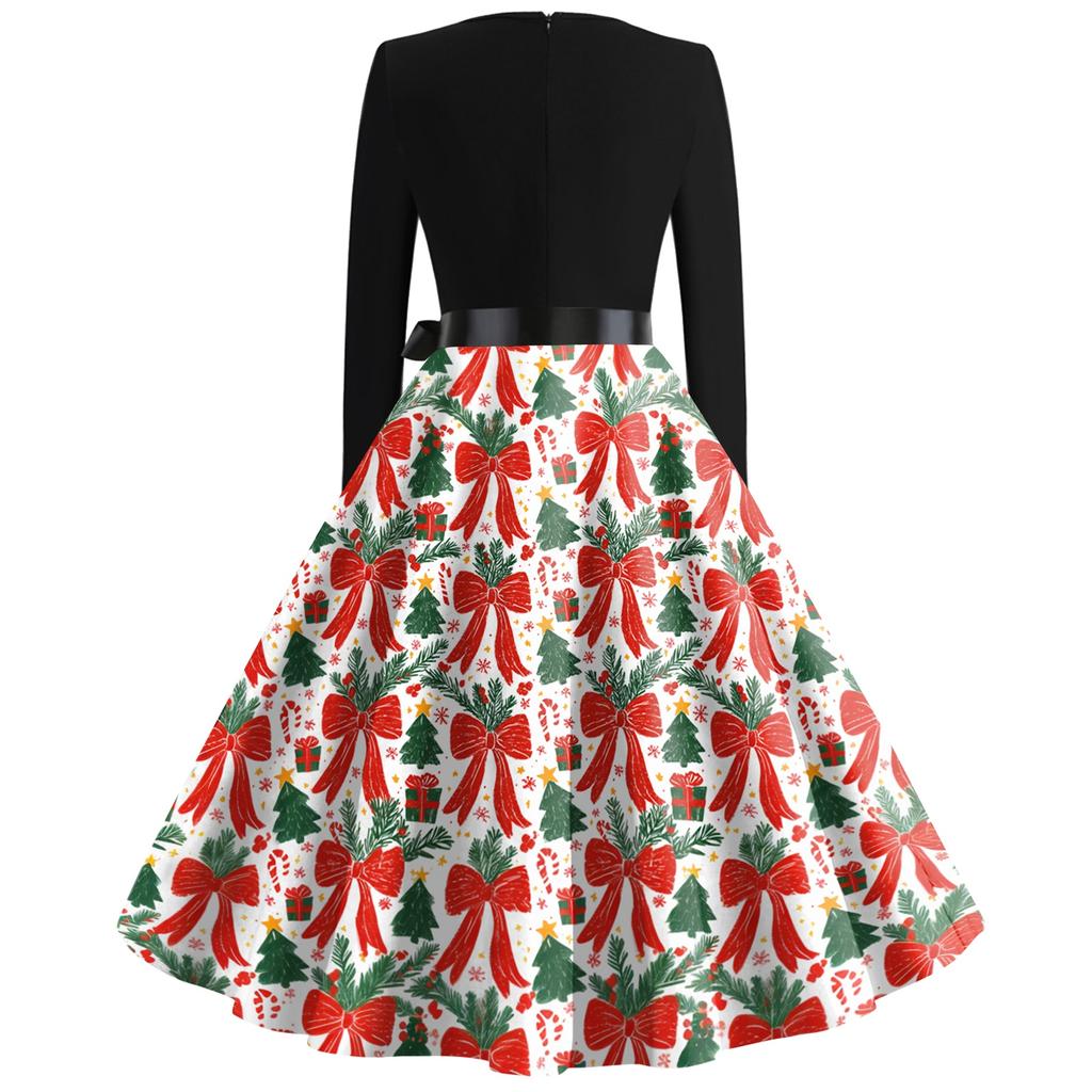 Women's Casual Christmas Print V-Neck Vintage Dress for Holiday Parties and Everyday Wear