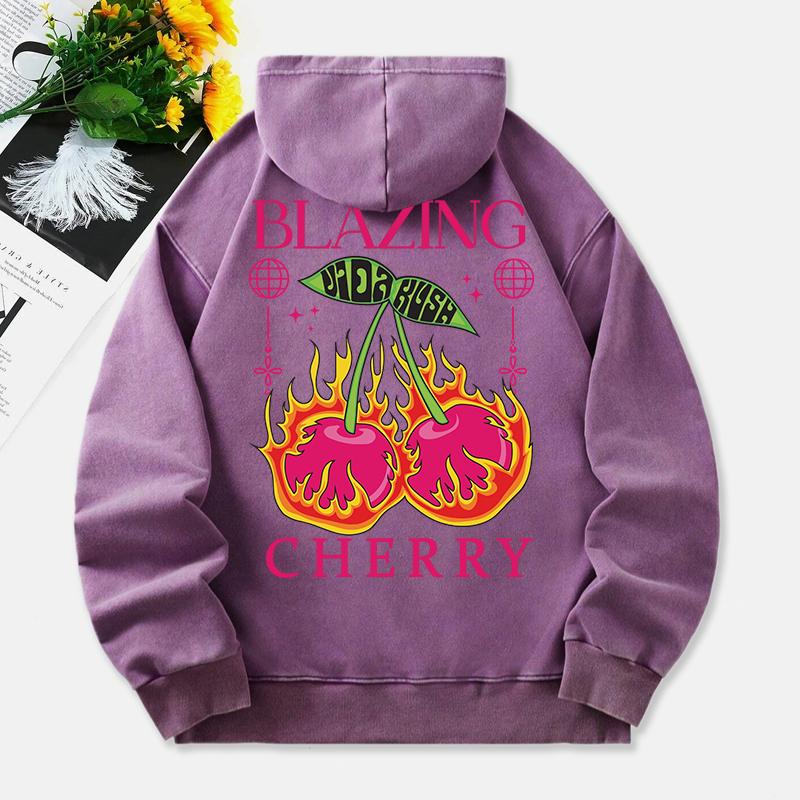 Blazing Cherry Washed Hoodies Women Vintage Prints Cotton Pullovers Distressed Pocket Oversize Hooded Clothes