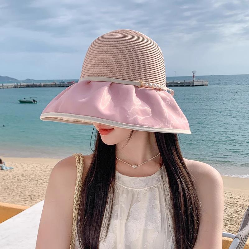 

Новая летняя шляпа-ведро с большим карнизом, защита от ультрафиолета, пляжная шляпа, солнцезащитный козырек, дорожная шляпа от солнца, женская шляпа M（56-58cm）