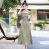 Chic French Floral Print Knee-Length A-Line Dress for Women: Summer Tea Style with Waist-Cinch and Slit Detail