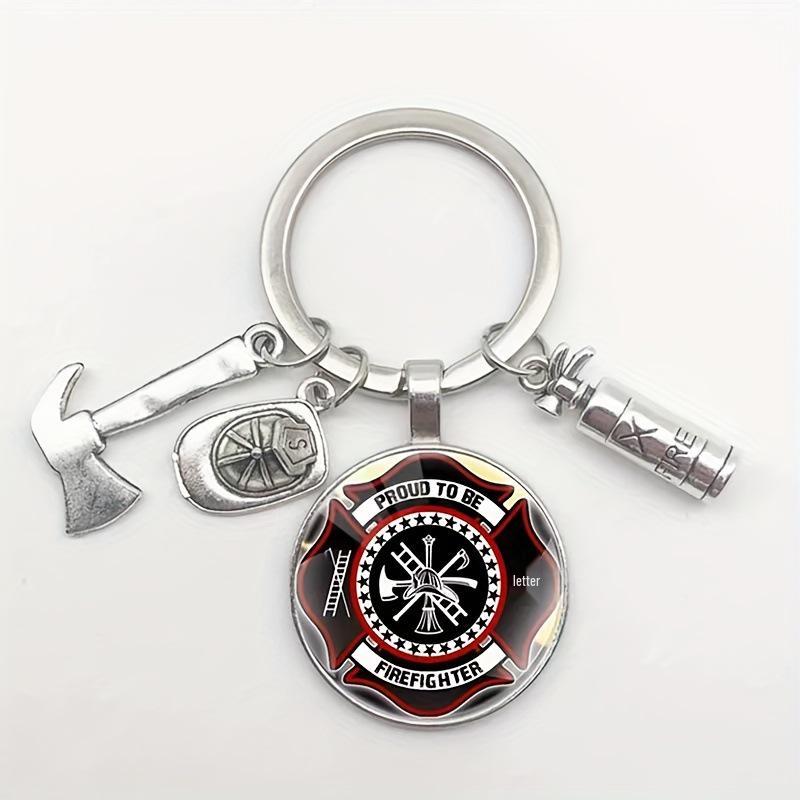 Retro Firefighter Rescue Time Gem Metal Keychain Ornament