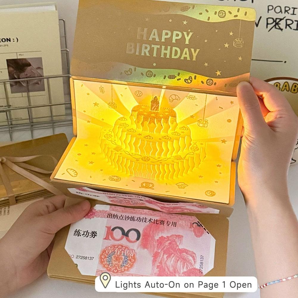 Traditional Foldable 3D HongBao Birthday Greeting Card DIY Packing Birthday Cake Money Bag Warm Best Wishes for Celebration