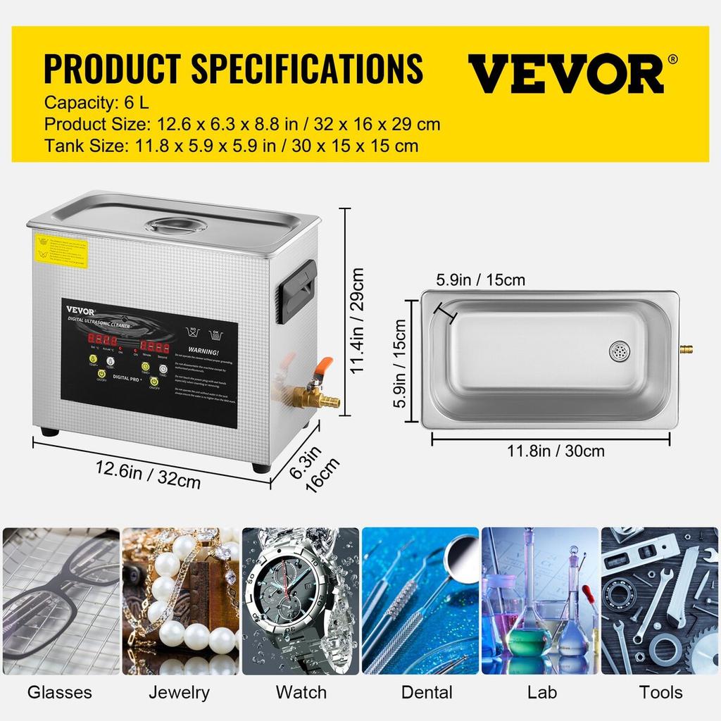 6L Digital Ultrasonic Cleaner Heater Timer 400W Powerful Jewelry Eyeglass