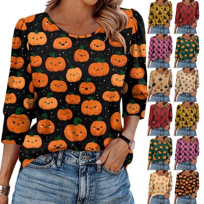Women's Fashionable Casual Round Neck Seven Quarter Sleeve Halloween Printed Bubble Sleeve Top