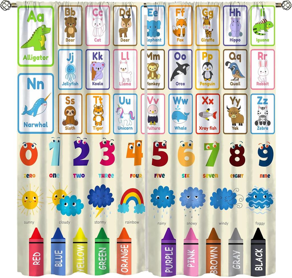 Abc Alphabet Curtains, Cartoon Toddler Colourful Animals Numbers Colours Classroom Learning Windows Treatments Drapes For Kids