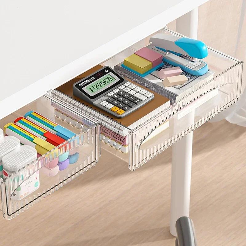 Household installation of under table storage drawers, table bottom modification with non perforated adhesive hidden storage box