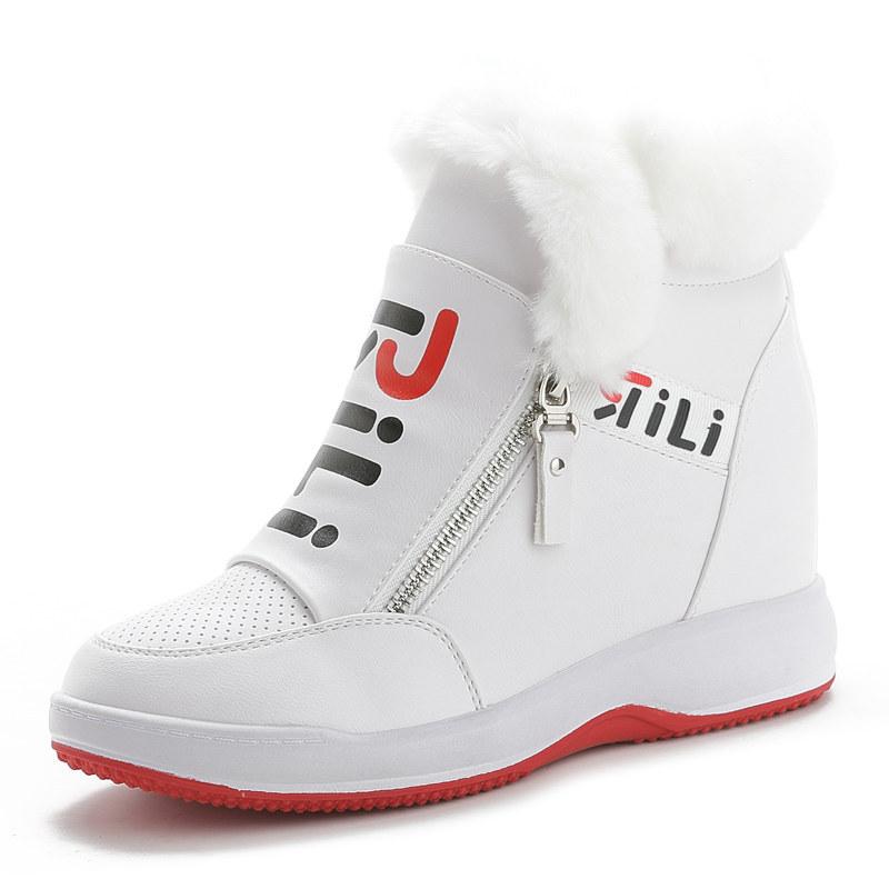 Rabbit Fur Inner Height Increase Women's Shoes Autumn and Winter New Warm Cotton Shoes Thick-soled Wedge Heel Double Zipper Casual Shoes Short Boots