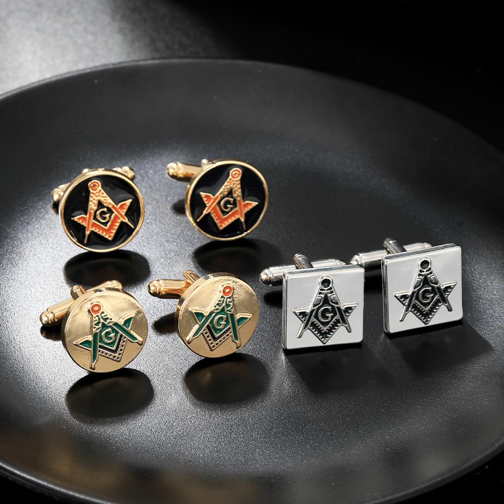 Classic Silvery Mens Masonic Symbols Pattern Square Cufflinks Red And Green Colors Freemason Emblem Round Sleeve Button