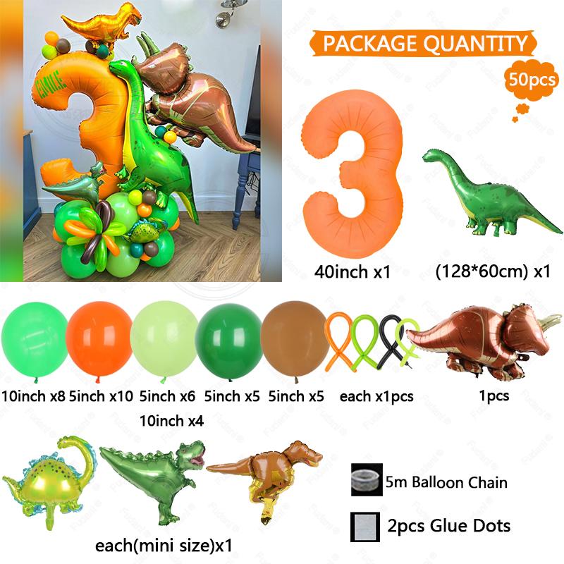 Green Jungle Animal Dinosaur Digital Set for Boys' Birthday Party Decoration Orange Number Colum Tyrannosaurus Rex Balloon Gift