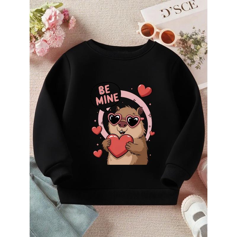Kids Crewneck Long Sleeve Pullover Sweatshirt, Cartoon Capybara Holding Hearts Graphic Print