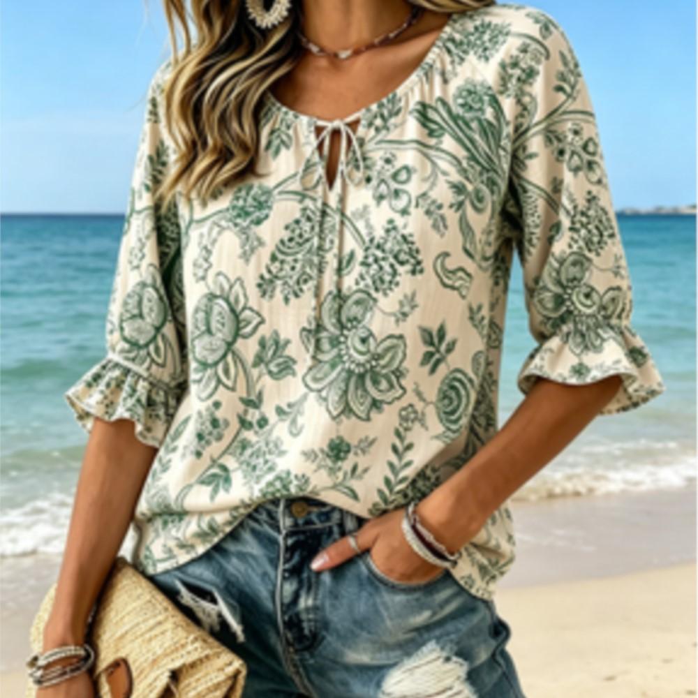 Women's Bohemian Green Floral Print Blouse Tie Neck Ruffled 3/4 Sleeve Loose Casual Tunic Top for Daily Vacation