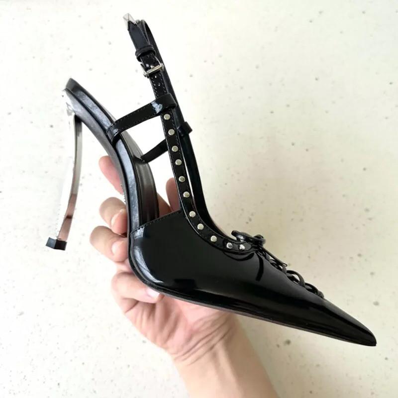 

Мода 2025 Летняя мода Лакированная кожа Клепки Женские туфли-лодочки Элегантный Острый носок Шнуровка Офисная леди Слингбэки Высокие каблуки Туфли для вечеринки 40 чёрный