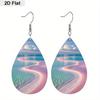 Ocean Blue Sea with Pink Beach PU Earrings for Women, Beach Themed Pink Laser Water Ripple Print Drop Earrings, Women's Fashion Drape Earrings,