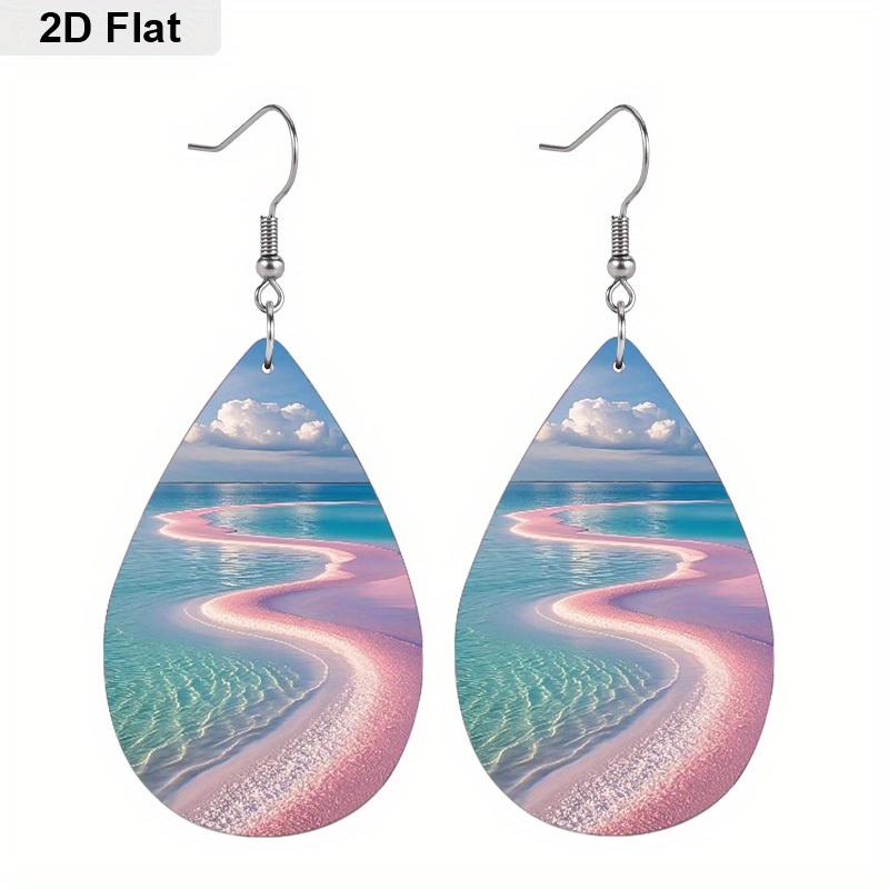 Ocean Blue Sea with Pink Beach PU Earrings for Women, Beach Themed Pink Laser Water Ripple Print Drop Earrings, Women's Fashion Drape Earrings,