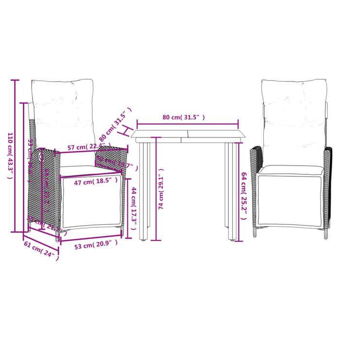 VidaXL Ensemble à Manger de Jardin avec Coussins 3 pcs, Table et Chaises avec Dossier Réglable, Meubles d'Extérieur, 3213469