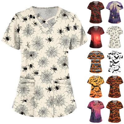 Women's Fashion  V-Neck Short Sleeve Overalls Double Pocket Halloween Printed Tops  Apparel