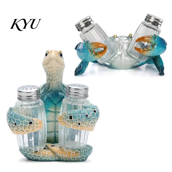 Island Inspired Dining Table Centerpiece Sea Turtle Salt Pepper Shaker Set with Holder, Resin Figurine Holder Glass Spice Bottles, Coastal Beach Style