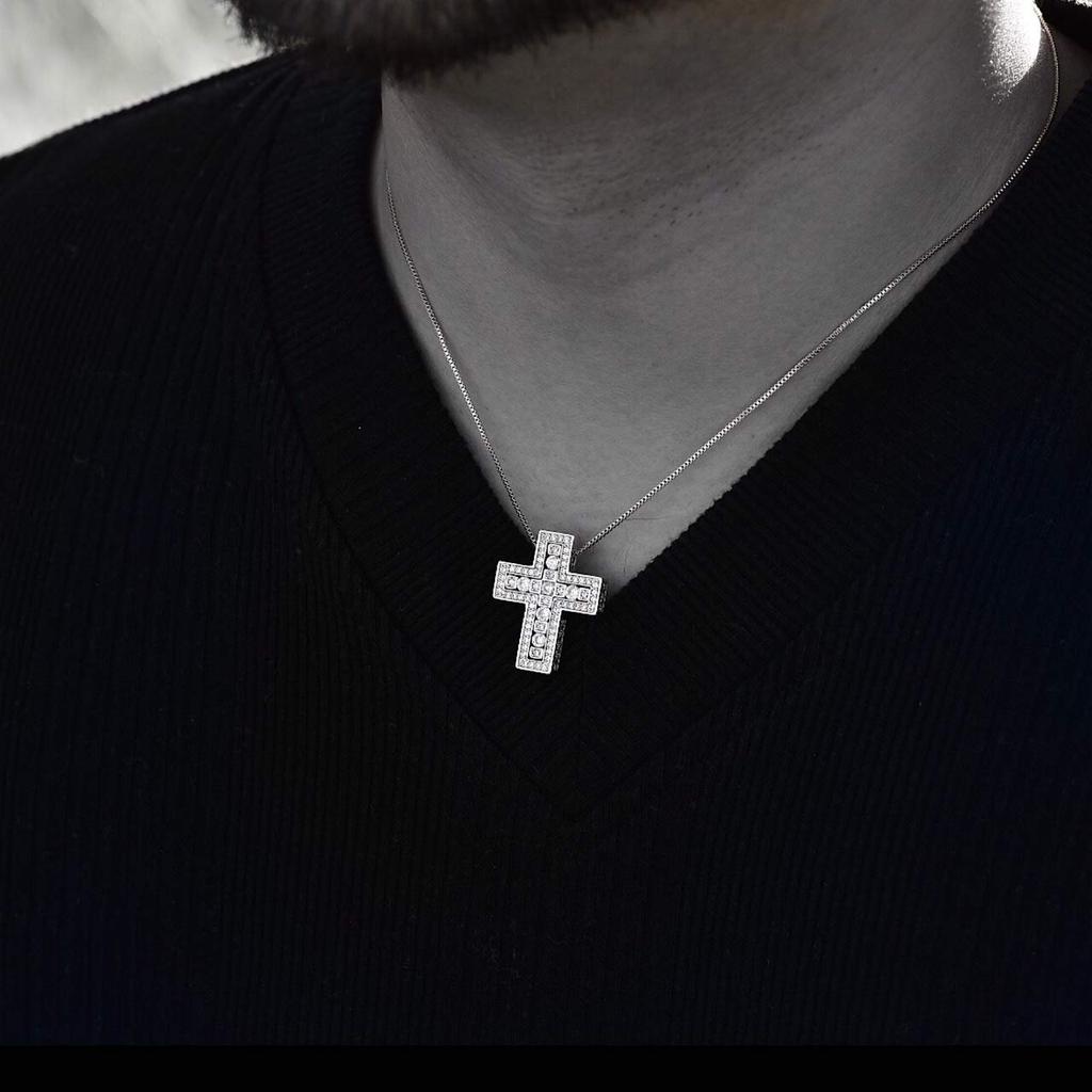 Lucliss Cross Necklace, Made in Japan, with Zirconia, Double 18K Gold Plated, [Silver], Men's and Women's, 18K Gold GP Cross Necklace