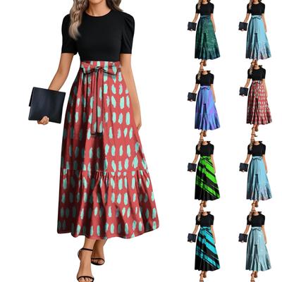Women's Fashion Casual Belted Short Sleeve Round Neck Geometric Splicing Elegant Temperament Dresses