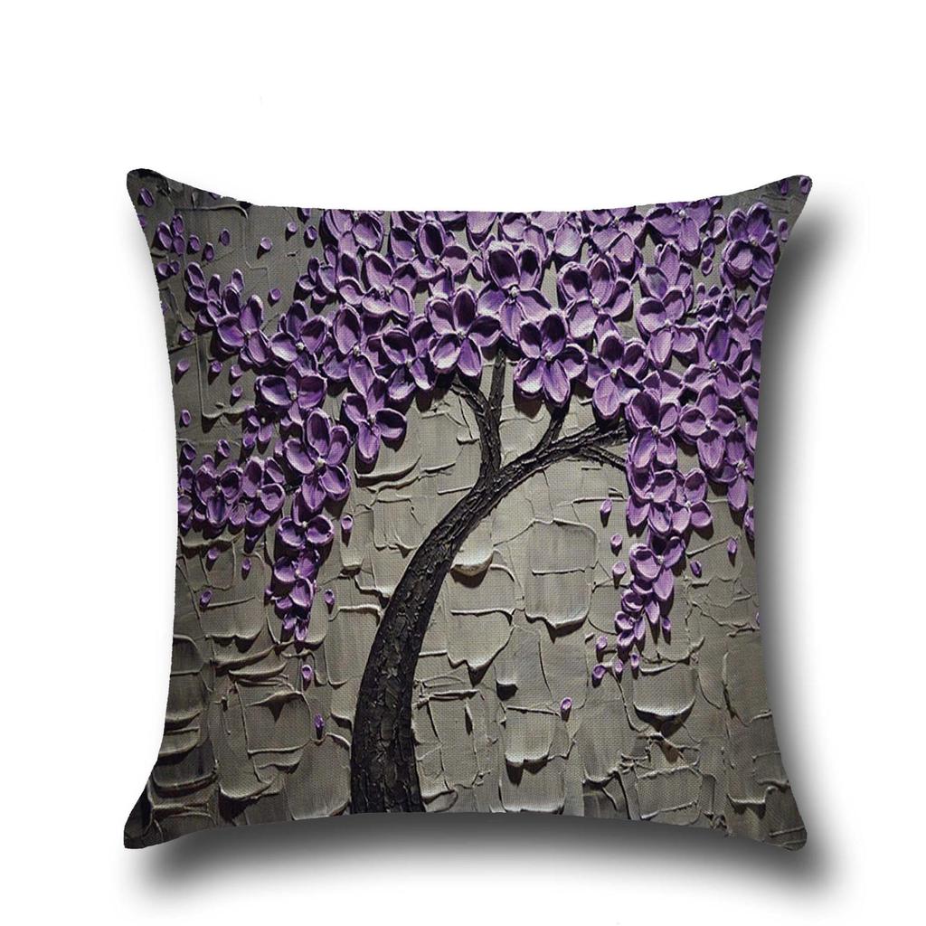 Three-dimensional Oil Painting Trees Flowers Cotton Linen Cushion Pillow Case Car Waist Cushion Cover