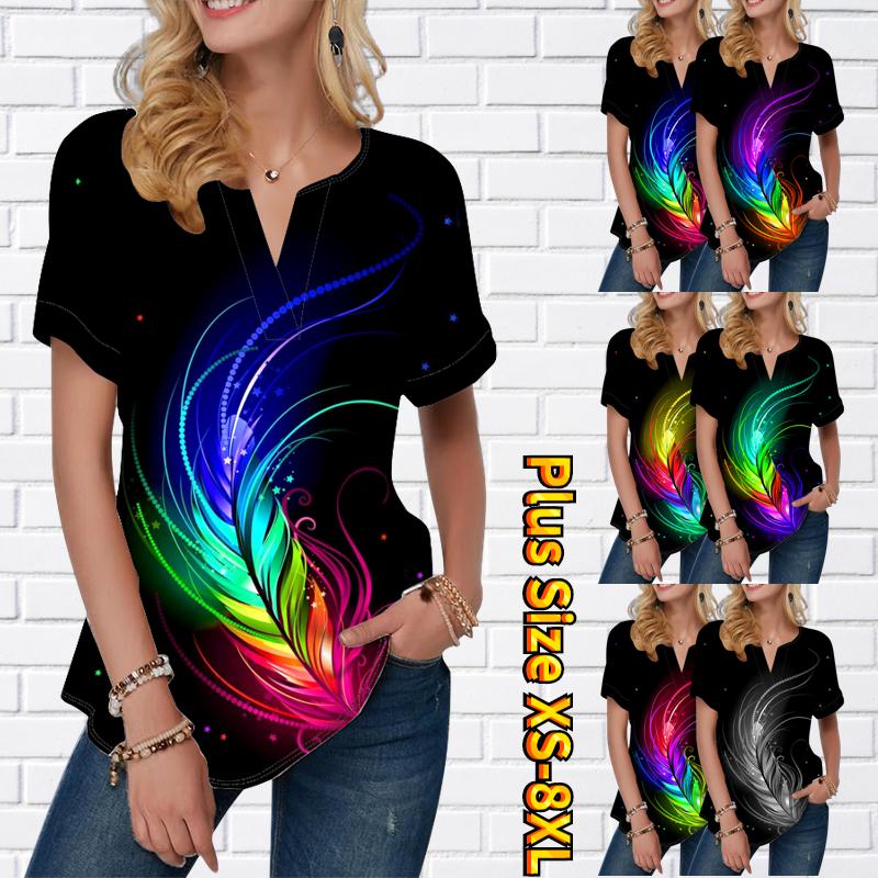 

Женская летняя футболка с цветным принтом перьев, футболки с короткими рукавами, повседневные топы, маленький v-образный вырез с короткими рукавами