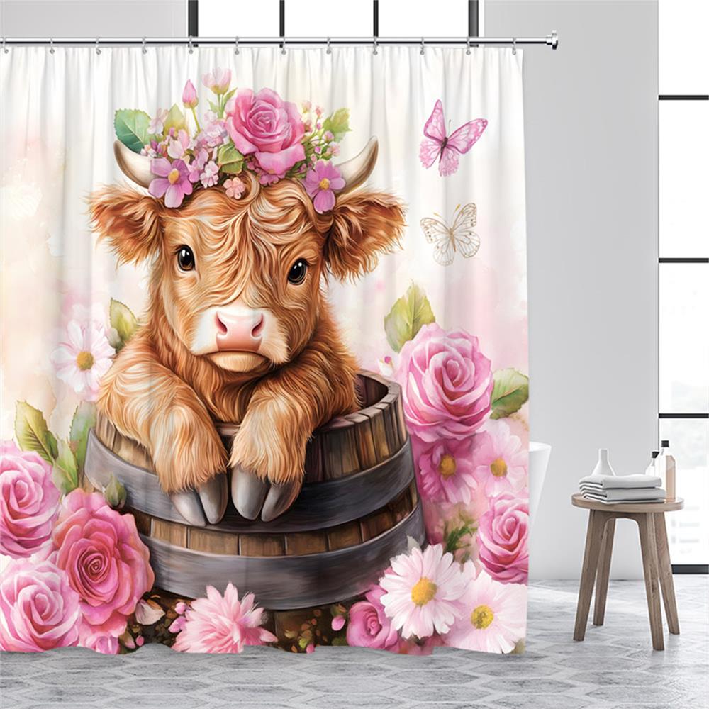 Funny Bathing Highland Cattle Shower Curtains Brown Farm Animal Cow Old Newspaper Fabric Bathroom Bath Curtain Decor With Hooks