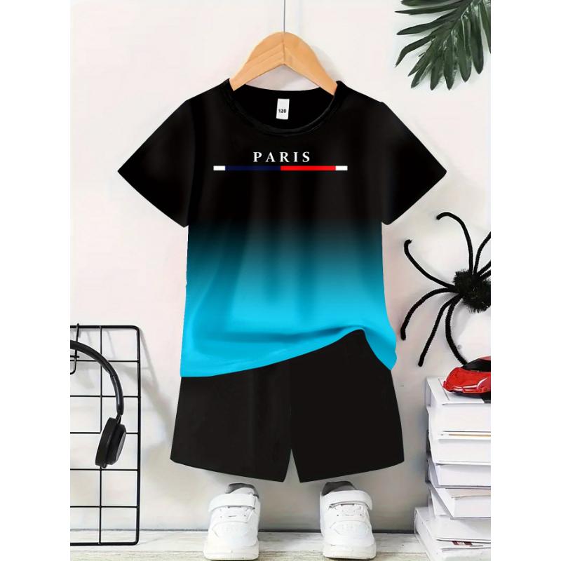 

Boys Casual Polyester Crew Neck T-Shirt and Shorts Set, Knitted Fabric, Regular Version, with Paris Print 160