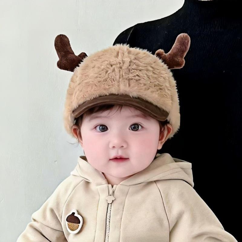 Cute Leopard Print Baby Winter Hat with Antlers - Unisex Korean Style Plush Baseball Cap