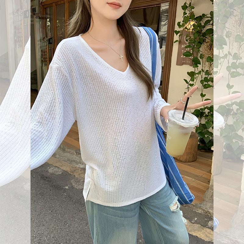 Summer Super Fire White V-neck Pure Desire Slightly Transparent Long-sleeved Blouse Women's Super Good-looking Slim-fitting Versatile Sunscreen Top