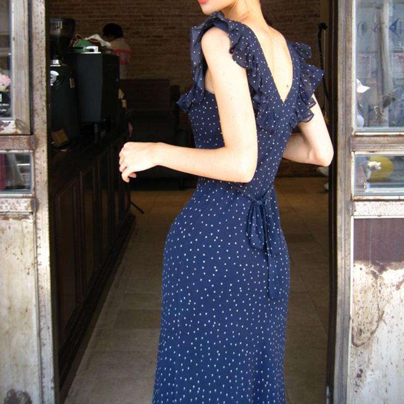 French Polka Dot Puff Sleeve Square Neck Spaghetti Strap Slimming Waist-Cinched Summer Dress 2026 Medium