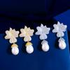 Needle Elegant Pearl Zircon Flower Earrings Full Diamond Maple Leaf Shell Pearl Earrings Atmospheric Earrings