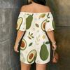 Women Plus Size Off Shoulder Short Sleeve Sunset Palm Wave Print Loose Romper With Pockets
