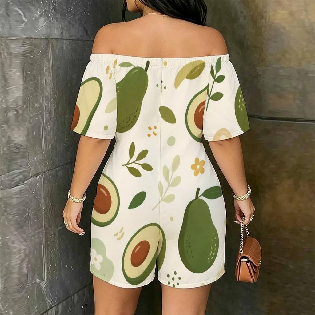 Women Plus Size Off Shoulder Short Sleeve Sunset Palm Wave Print Loose Romper With Pockets