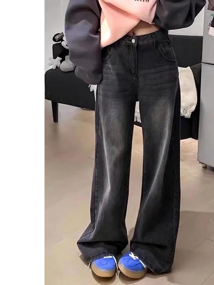 

2025 Женские черные и серые джинсы больших размеров с широкими штанинами - Осенне-зимние свободные брюки прямого кроя для фигуры типа «груша» XL темно-серого