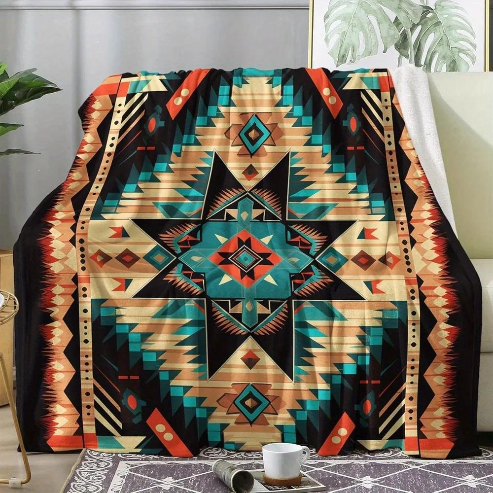Coperta extra-large in stile occidentale, motivo in stile azteco sud-occidentale, camoscio super morbido e confortevole, utilizzabile su entrambi i lati, completo