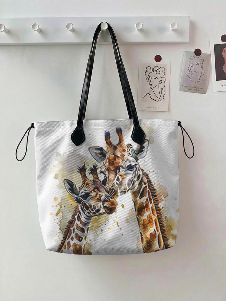 Giraffe Printed Handbag for Women, Large Capacity Leather Handle Shopping Bag, Casual Shoulder Bag