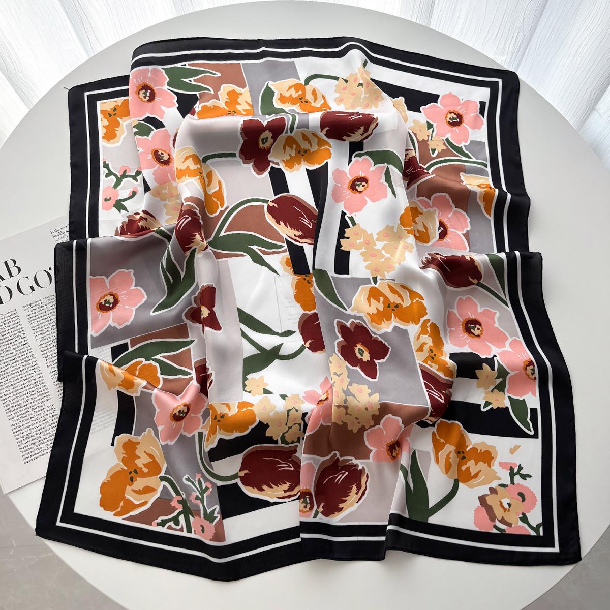 

Luxury Square Silk Scarf For Women Soft Floral Print Bandanna For Daily Hair Band Lady Female Neckerchief Hijab Ribbon