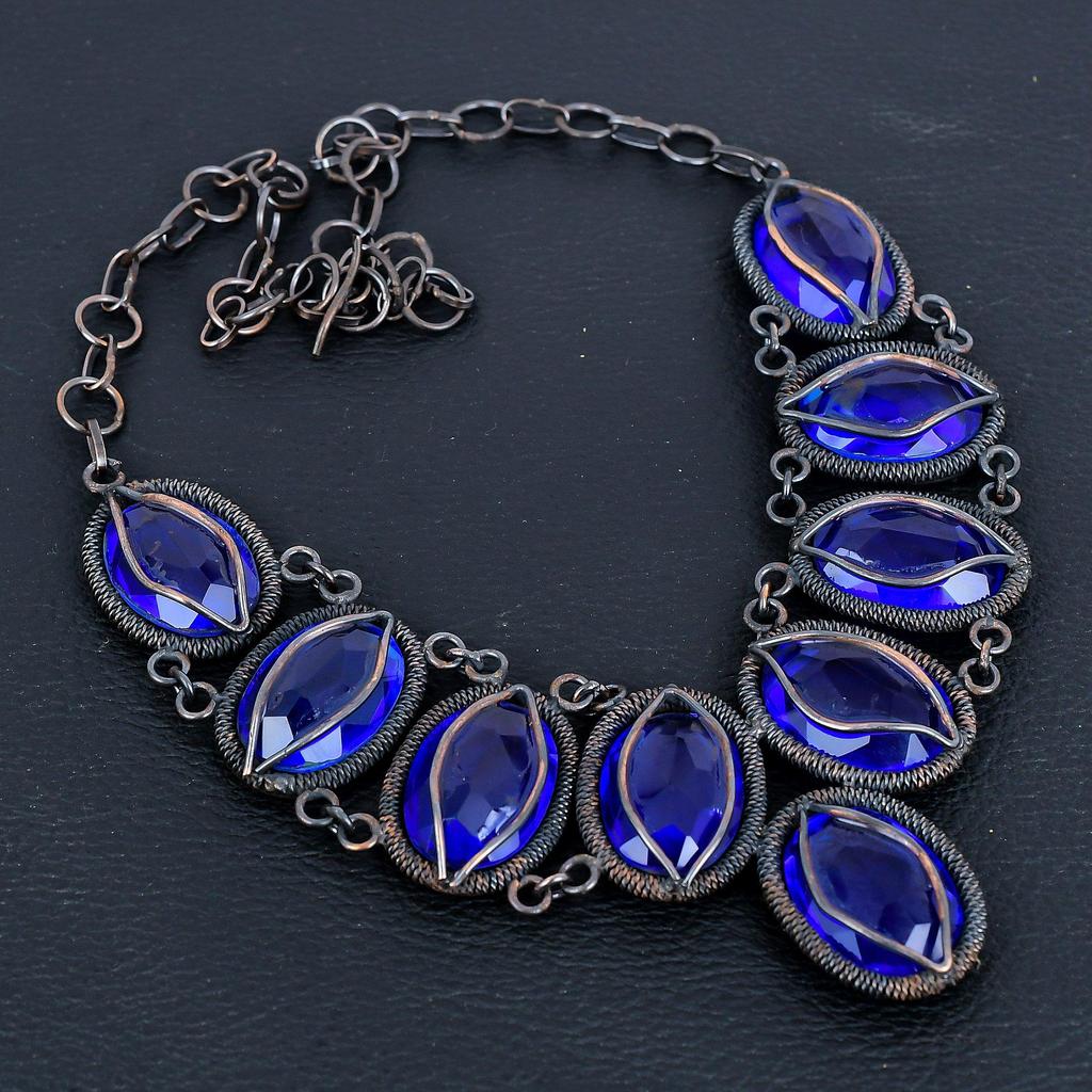 London Blue Topaz 999 Copper Wire Wrapped Necklace with Adjustable Chain, Handmade Gemstone Jewelry Necklace For Memorial Day